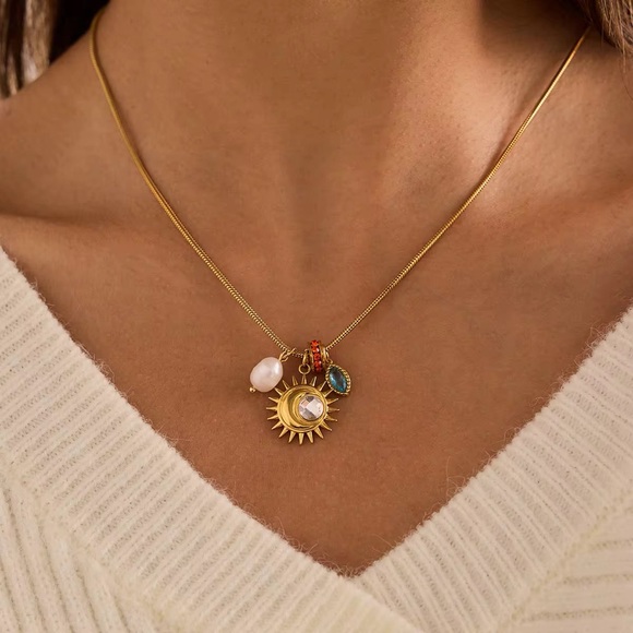 SahrzJewellery Jewelry - 18K Gold Plated Sun Pearl and Gemstone Charms Nekclace